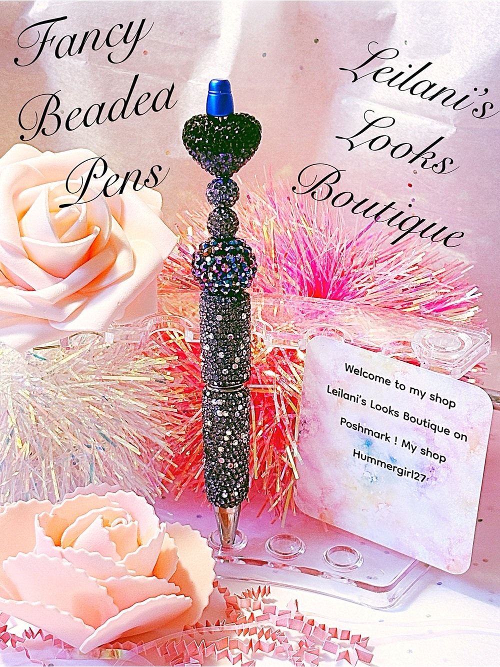 Fancy Black Beaded Heart Pen/gifts/purple beads/